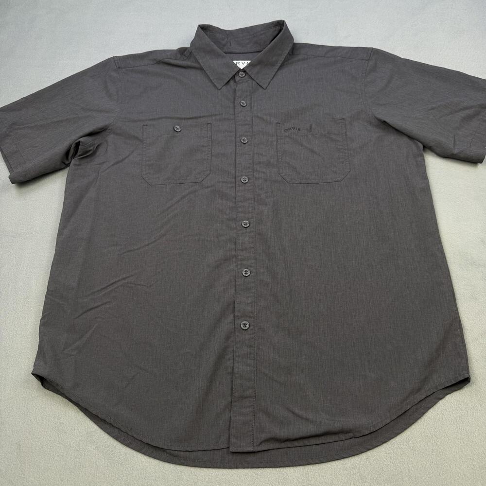 Orvis Shirt Mens XL Gray 100% Polyester Short Sleeve Pockets Classic Button-Up
